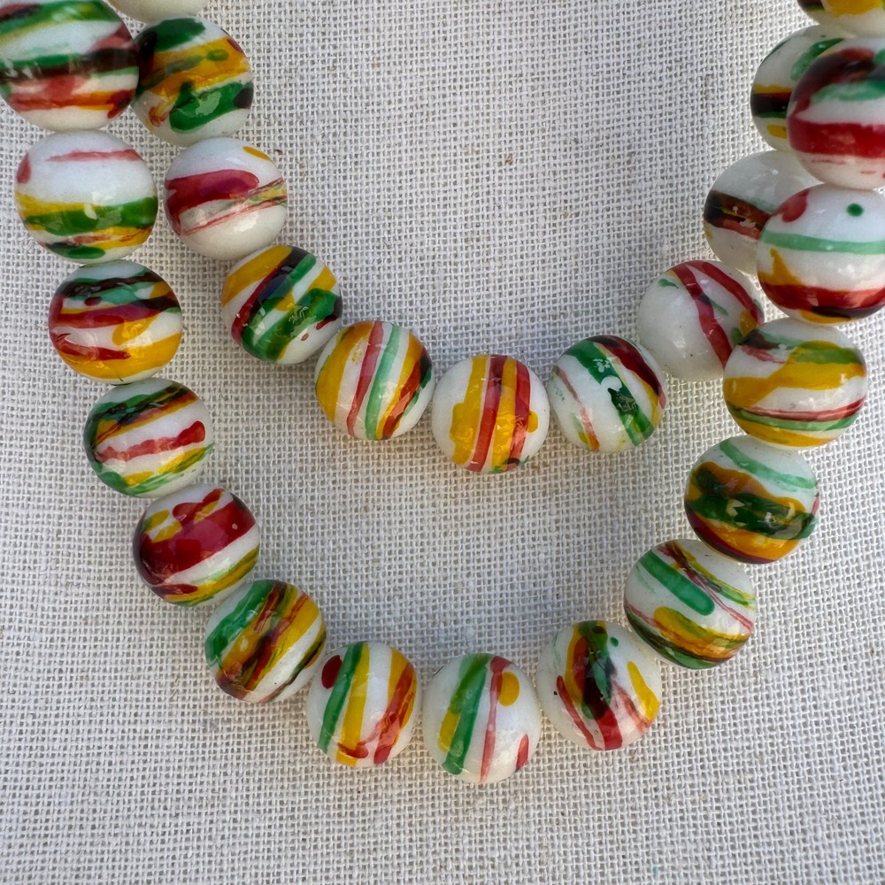Hand Painted Striped Glass Bead Necklace Yellow Tassel Chinese Knot Multicolor - Picture 2 of 10